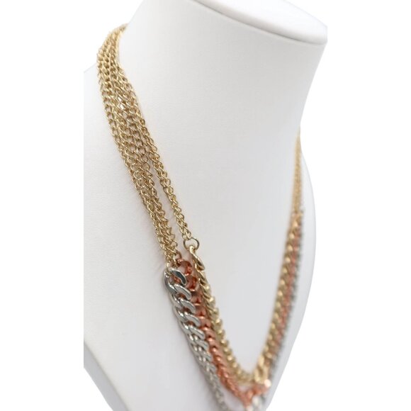 Chunky 3 Strand Curb Chain Necklace Gold Rose Gold & Silver Statement 24 Inches - Picture 3 of 7